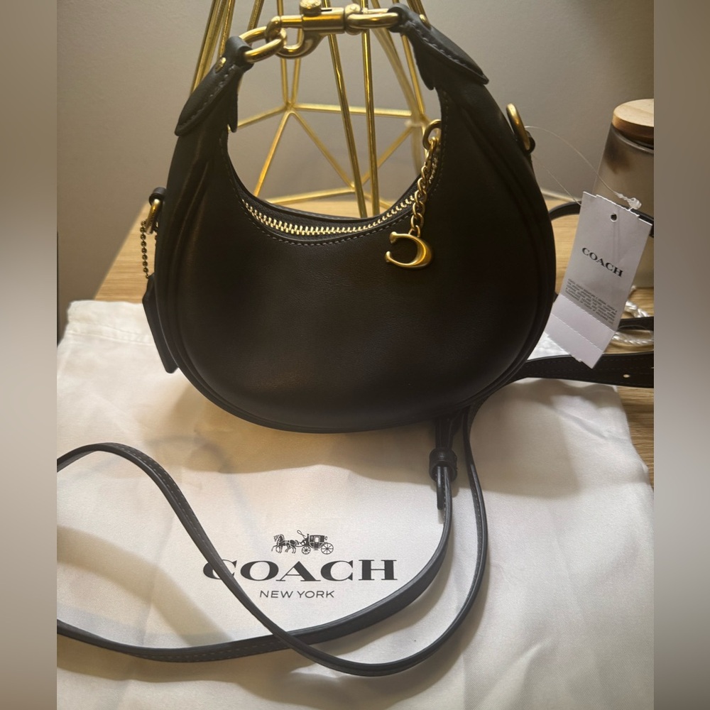 Coach JONIE Black Leather Shoulder Bag with Gold Accents